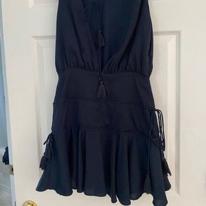 Navy blue silk dress. Open back, mini.